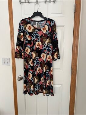 JM Collection Black Floral A-Line Dress with Bell Sleeves. NEW